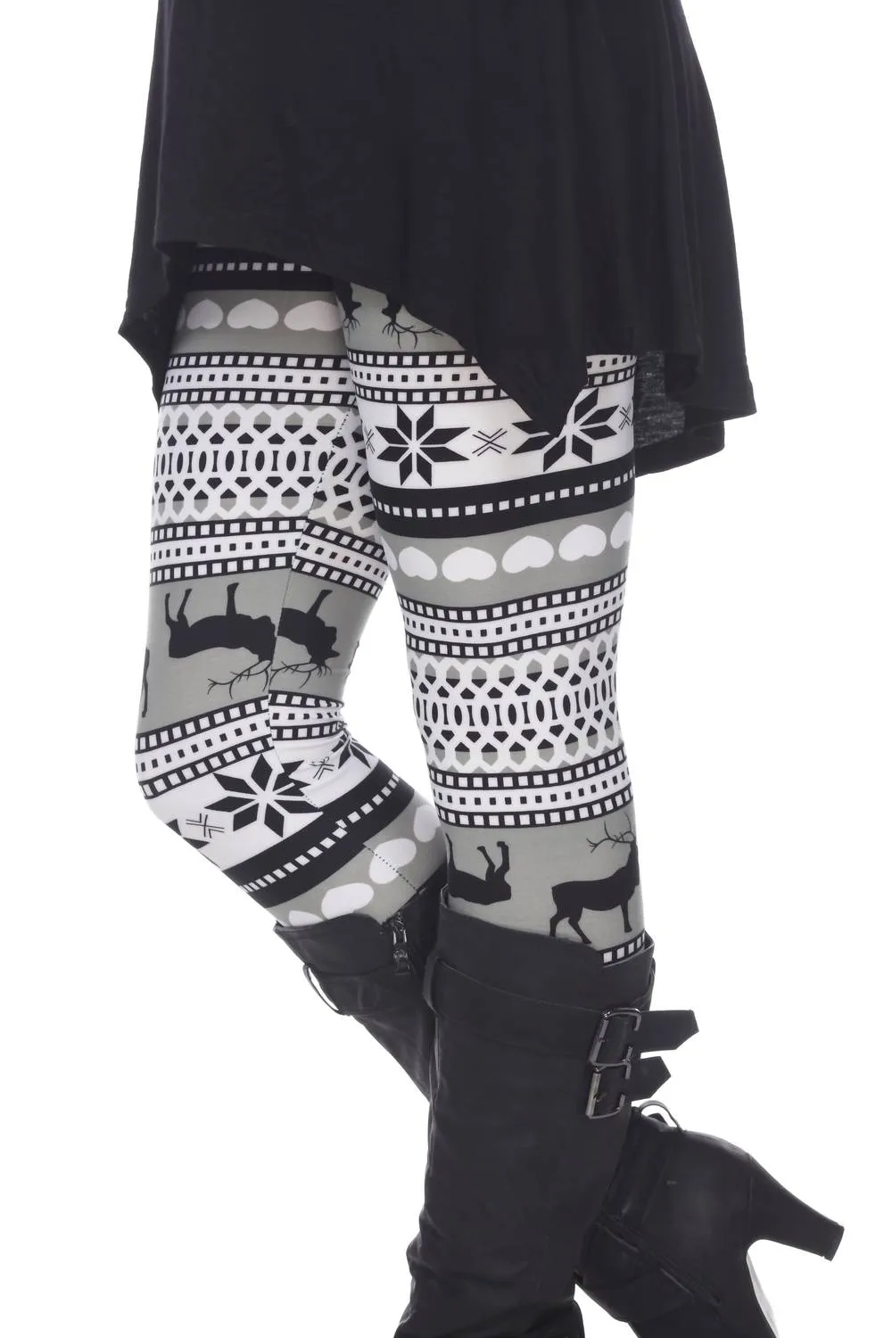 Reindeers Printed Leggings In Grey / White