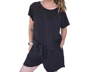 Round Neck Short Sleeve And Shorts Set In Black