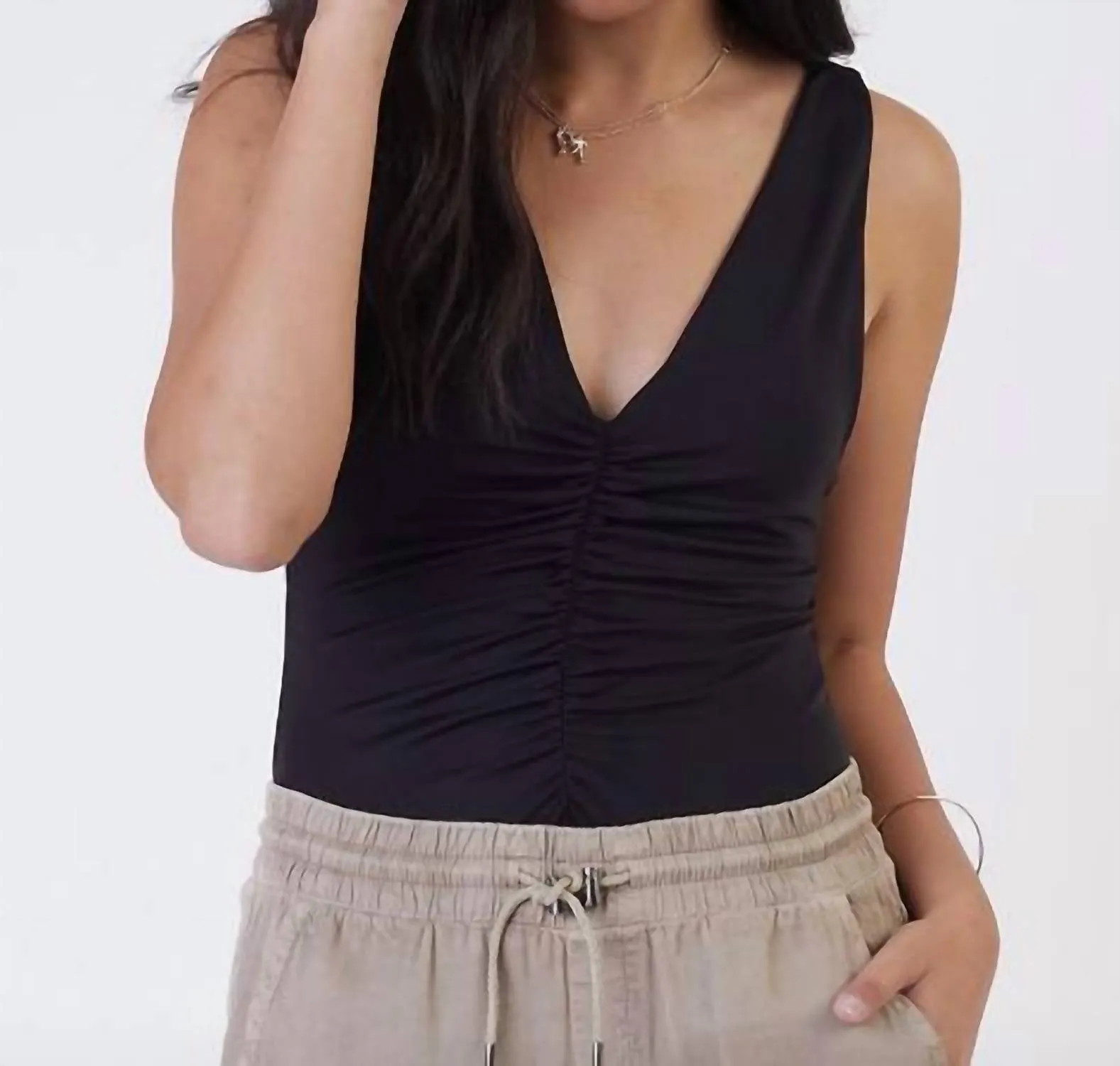 Ruched Front Knit Bodysuit In Black