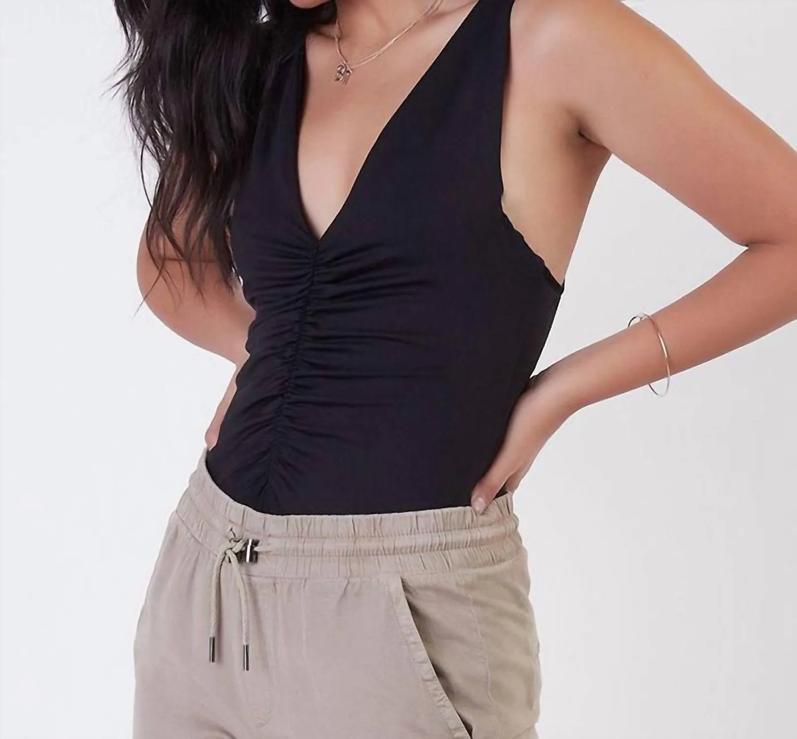 Ruched Front Knit Bodysuit In Black
