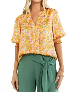 Satin V-Neck Front Pleats & Smocked Hem In Floral