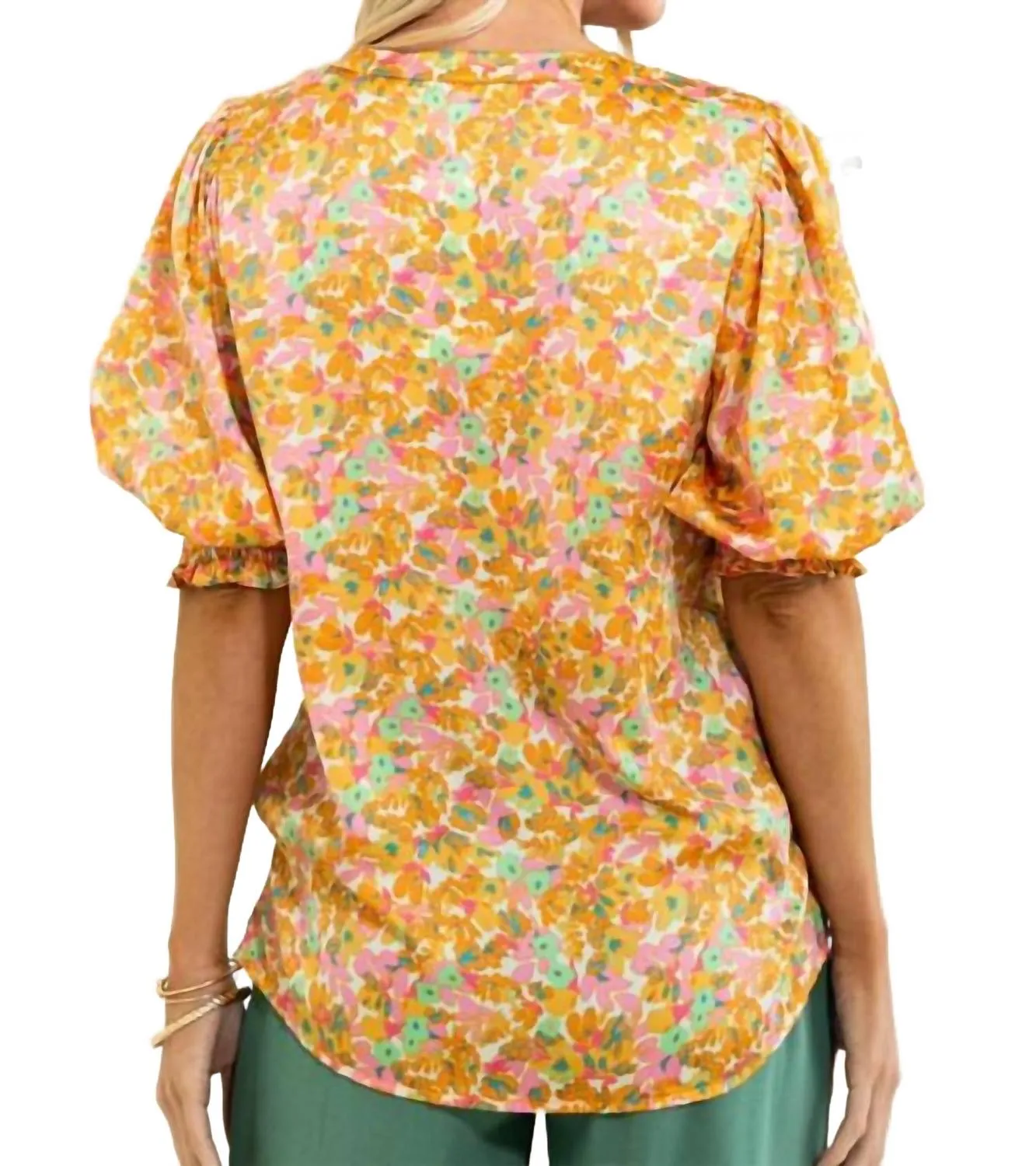 Satin V-Neck Front Pleats & Smocked Hem In Floral