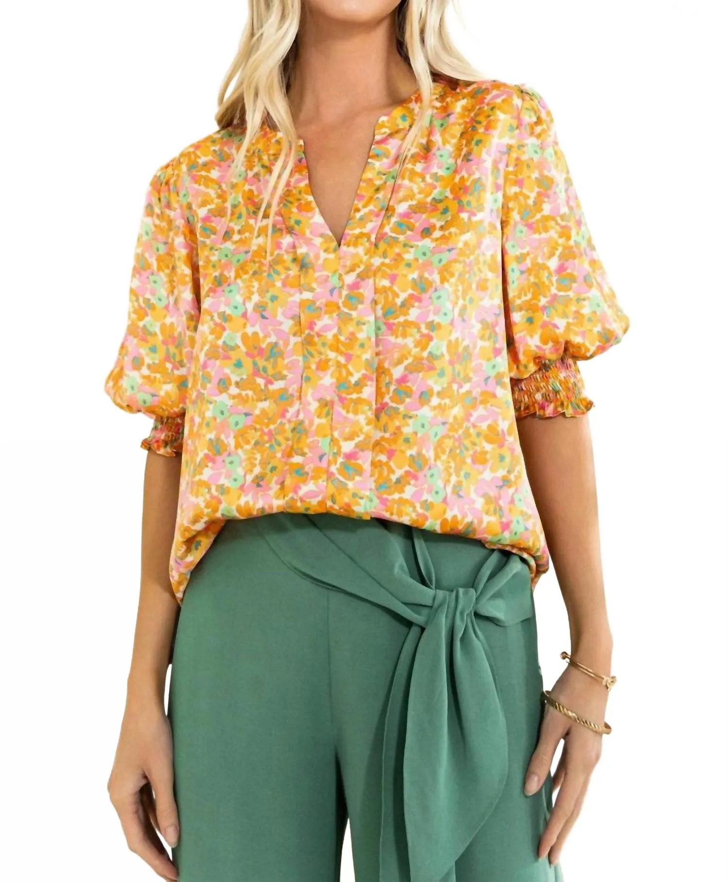 Satin V-Neck Front Pleats & Smocked Hem In Floral