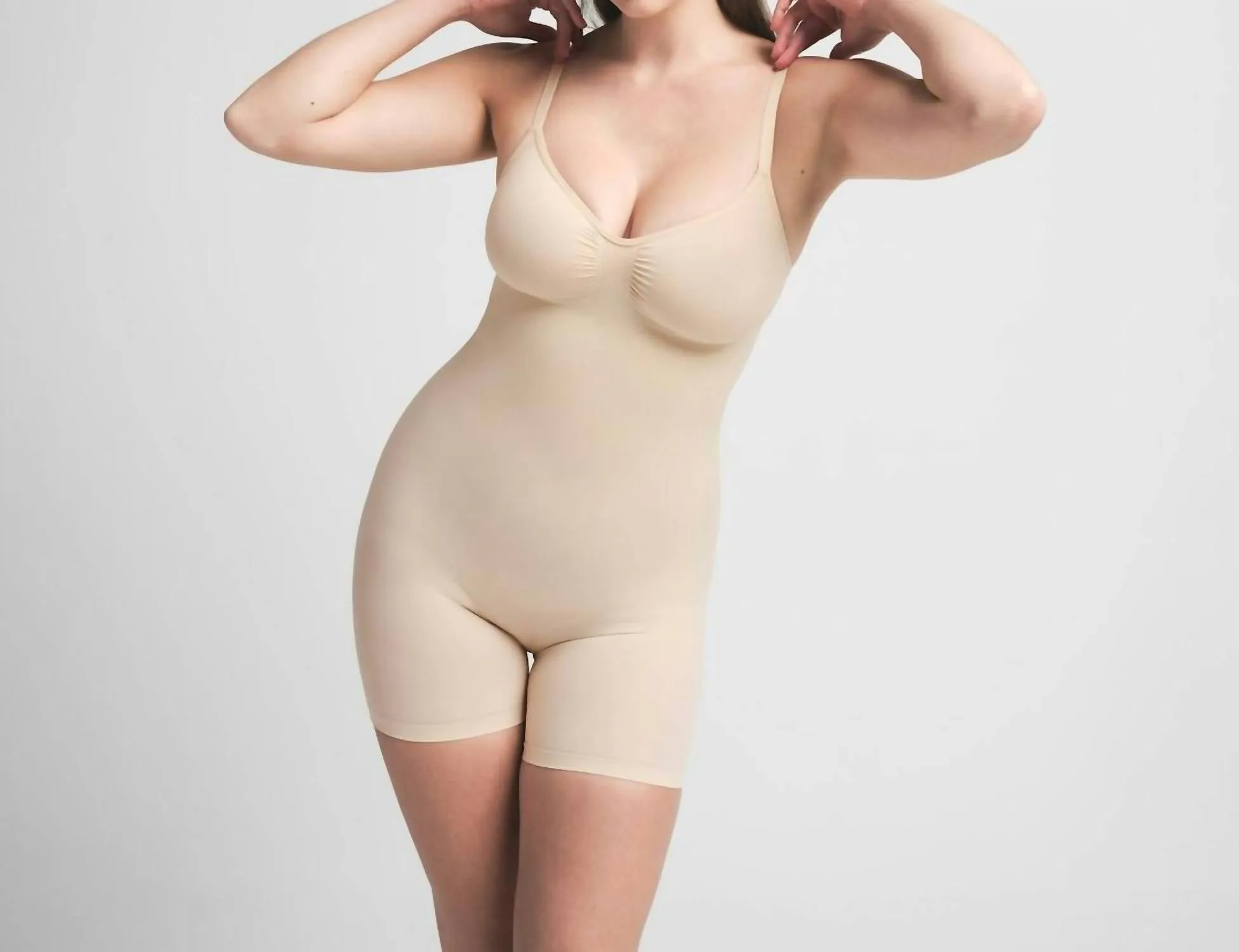Seamless Sculpt Mid Thigh Bodysuit In Sand