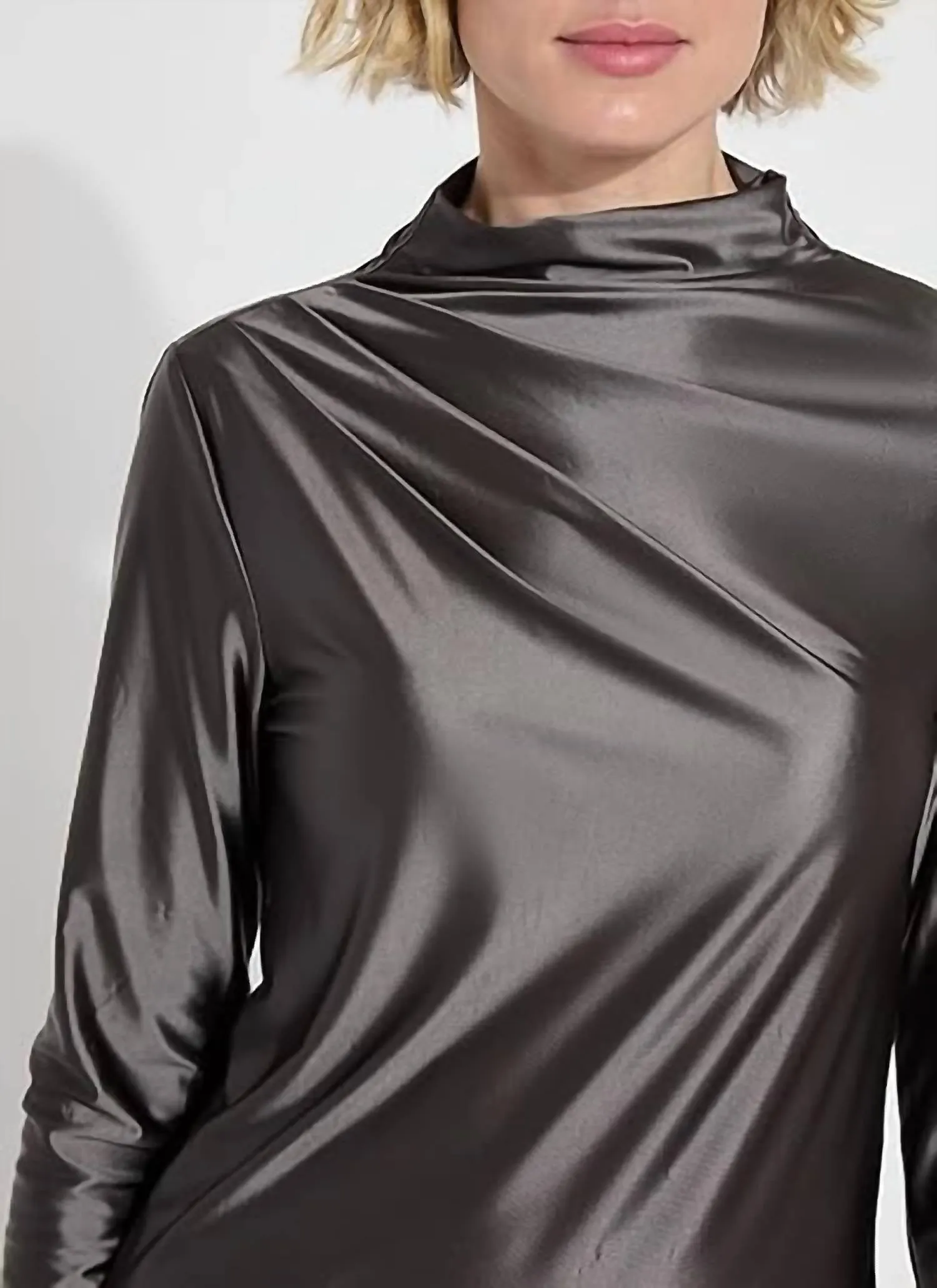 Shalom Satin Jersey Funnel Neck Top In Grey