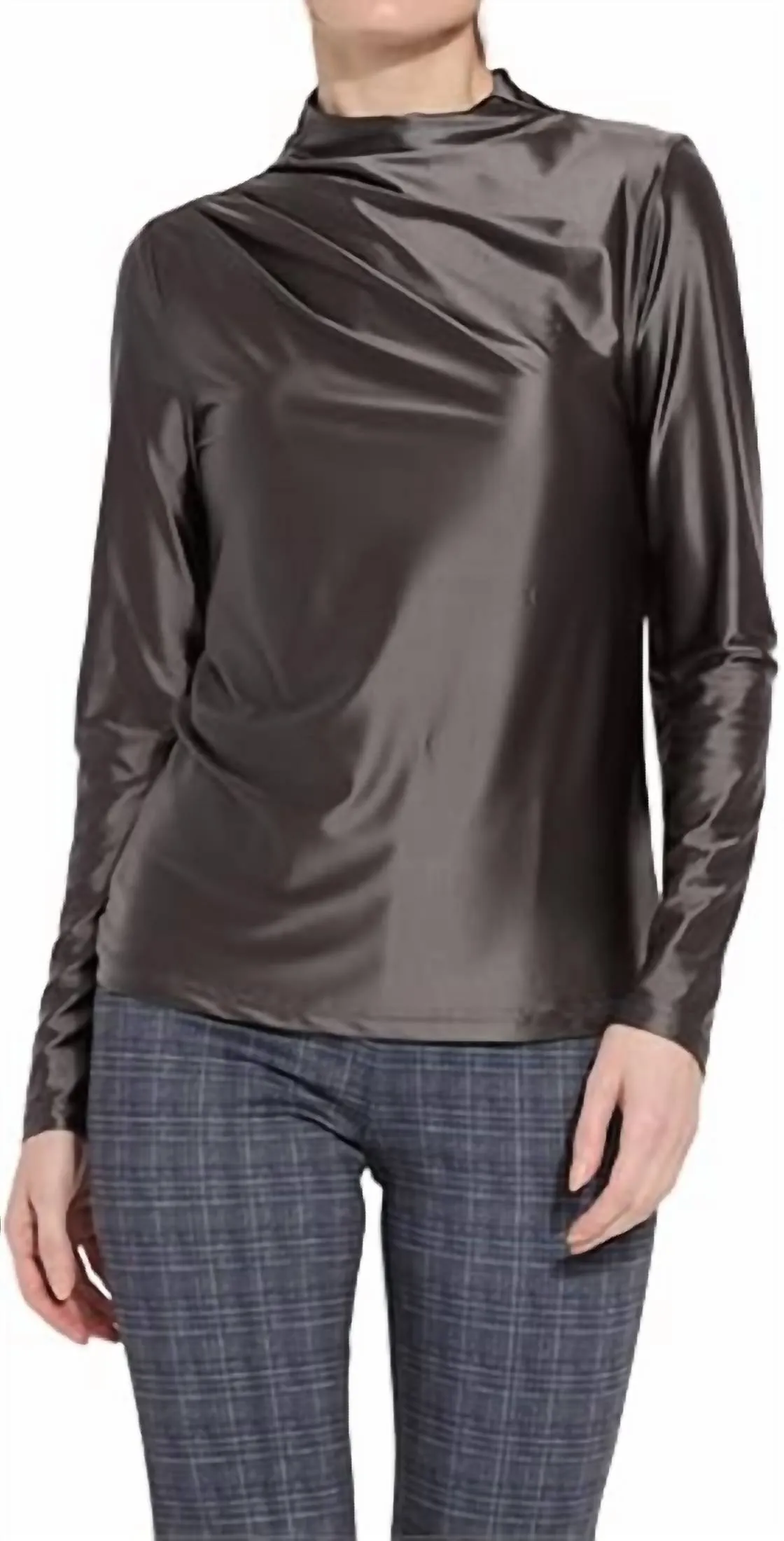 Shalom Satin Jersey Funnel Neck Top In Grey