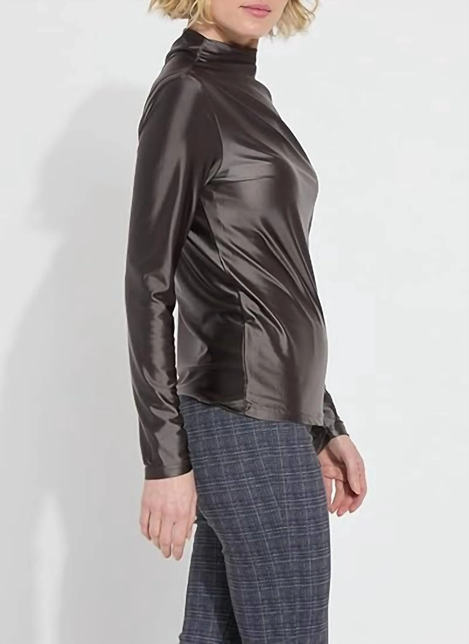 Shalom Satin Jersey Funnel Neck Top In Grey