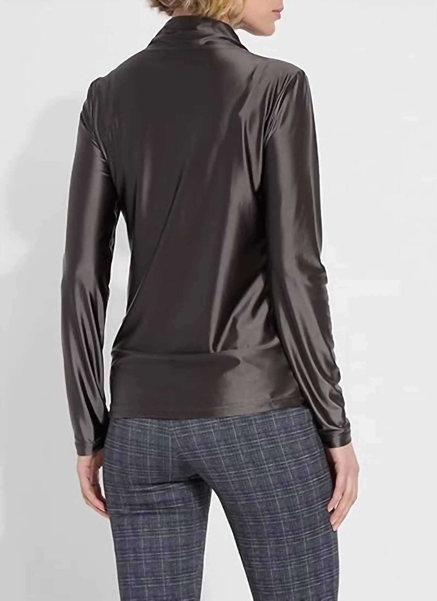 Shalom Satin Jersey Funnel Neck Top In Grey