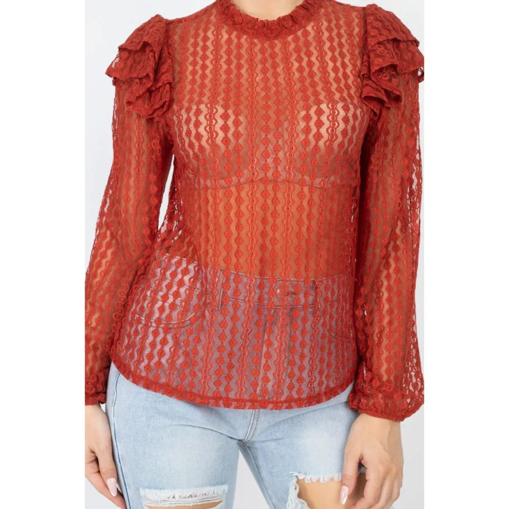 Sheer Crochet Lace Ruffled Top