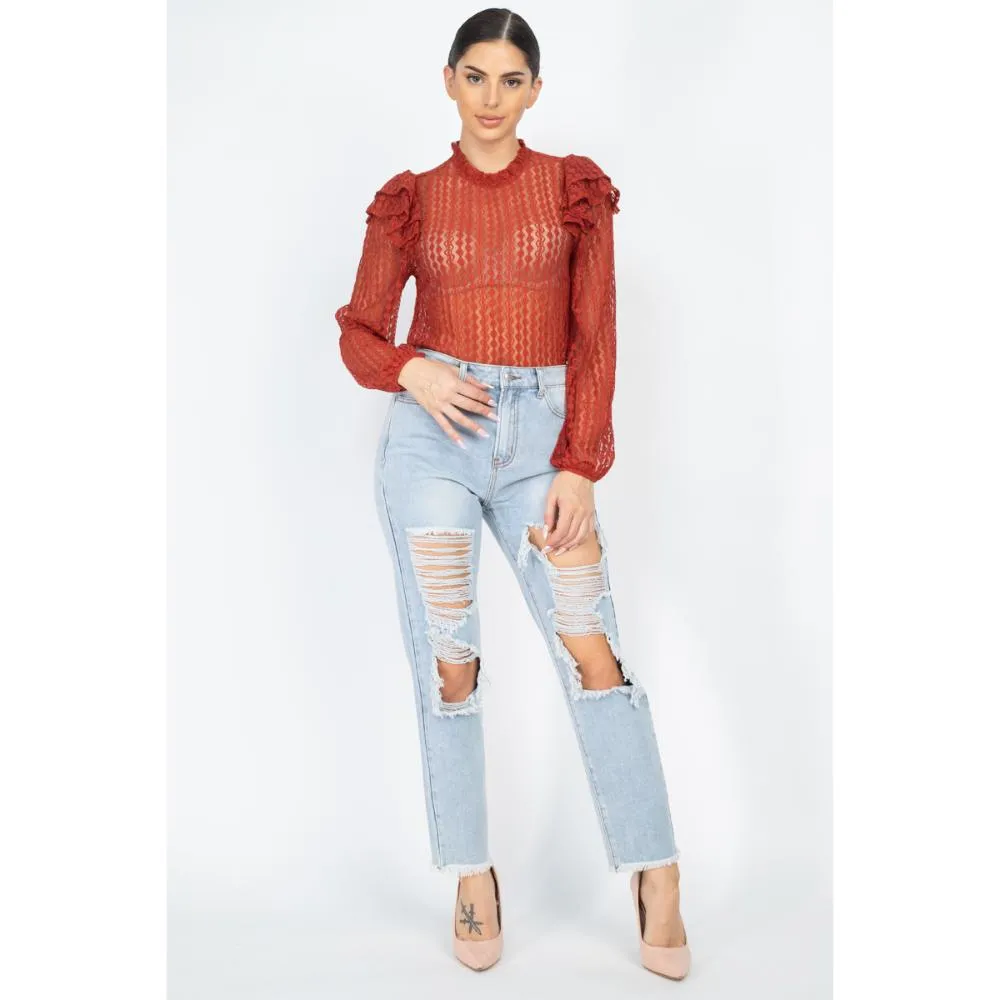 Sheer Crochet Lace Ruffled Top