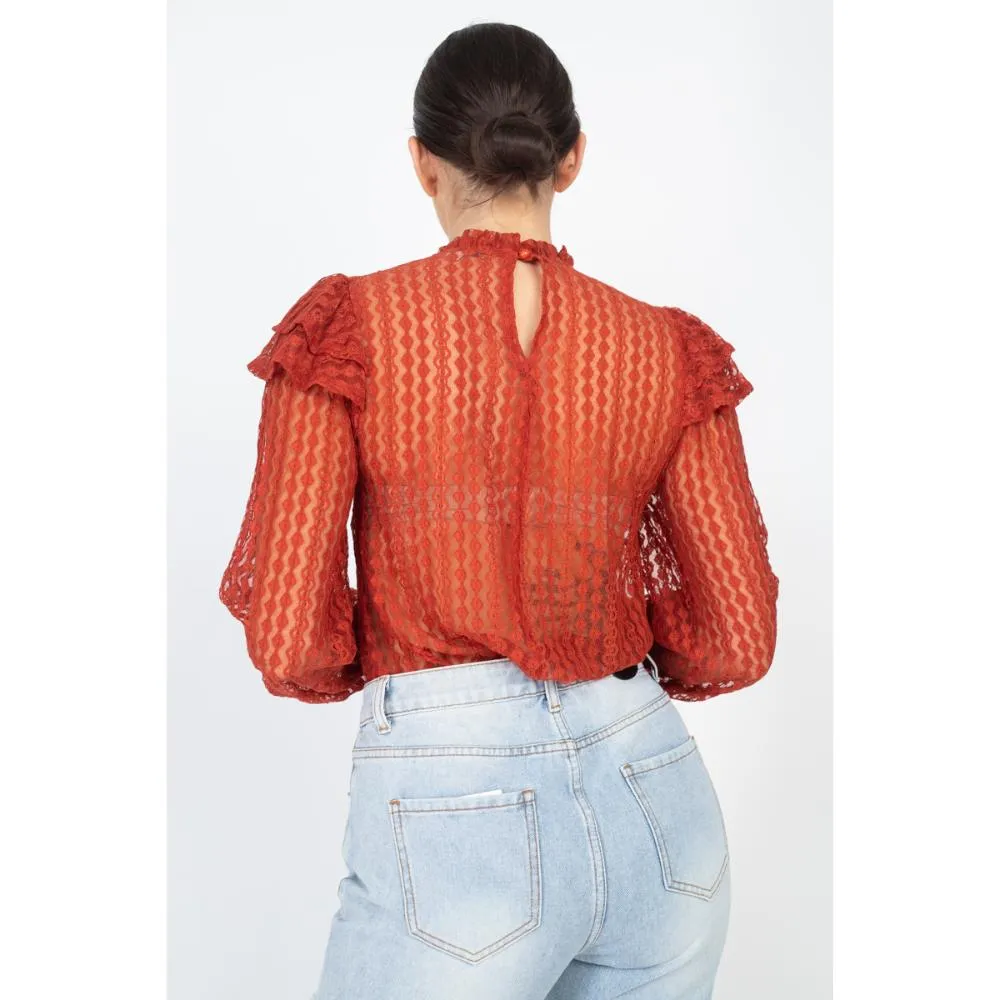 Sheer Crochet Lace Ruffled Top