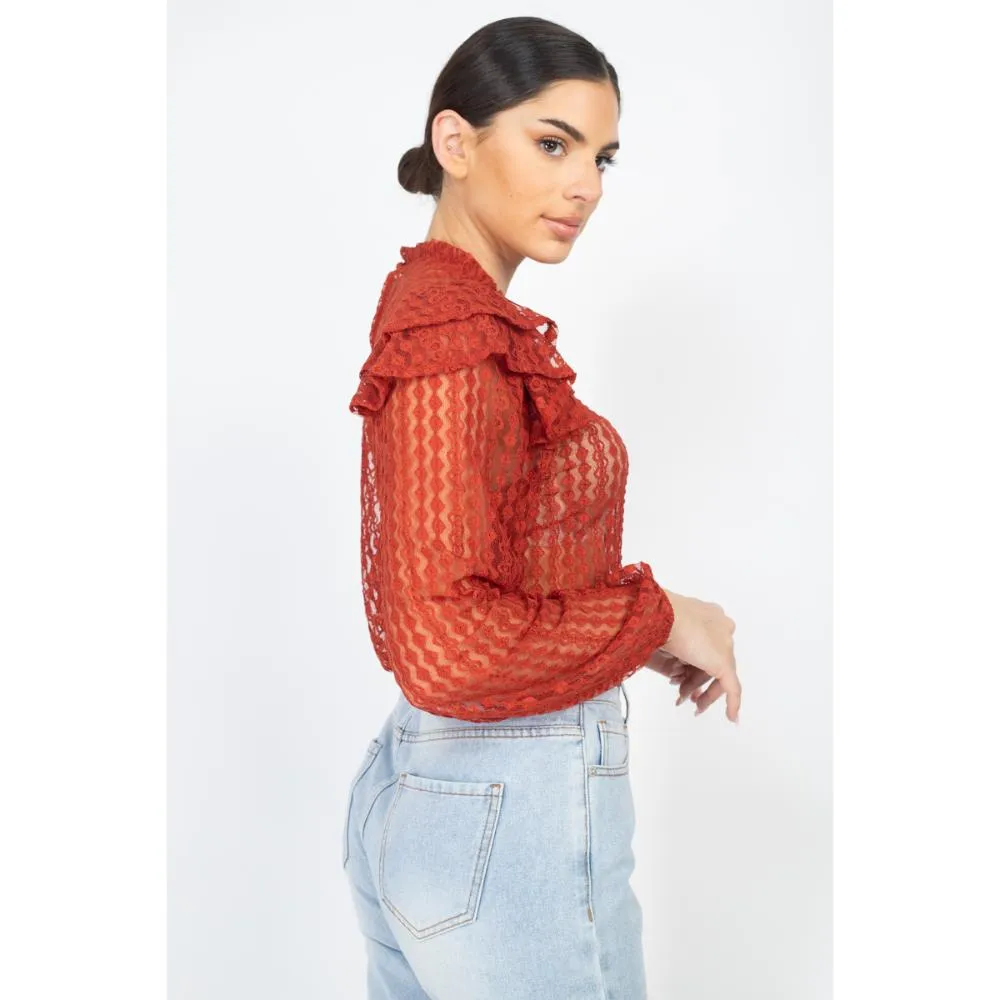 Sheer Crochet Lace Ruffled Top