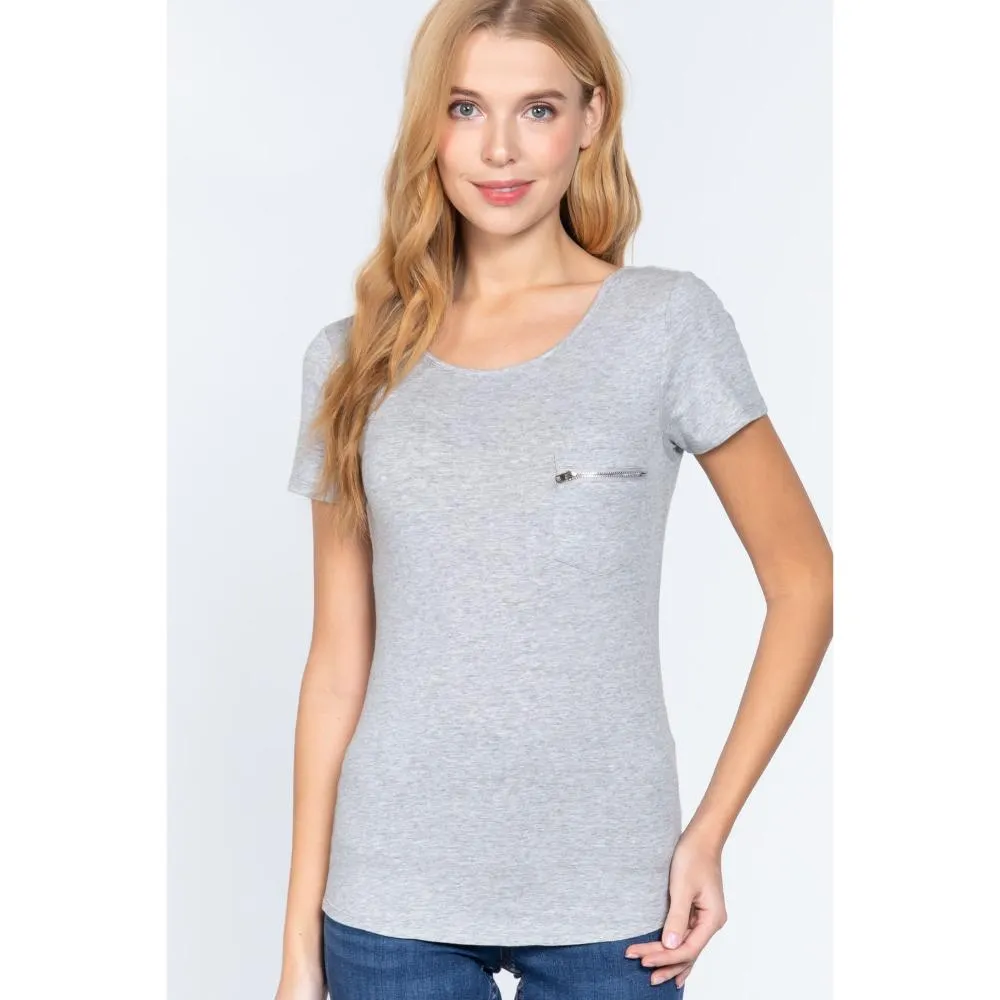 Short Slv Top W/zipper Pocket