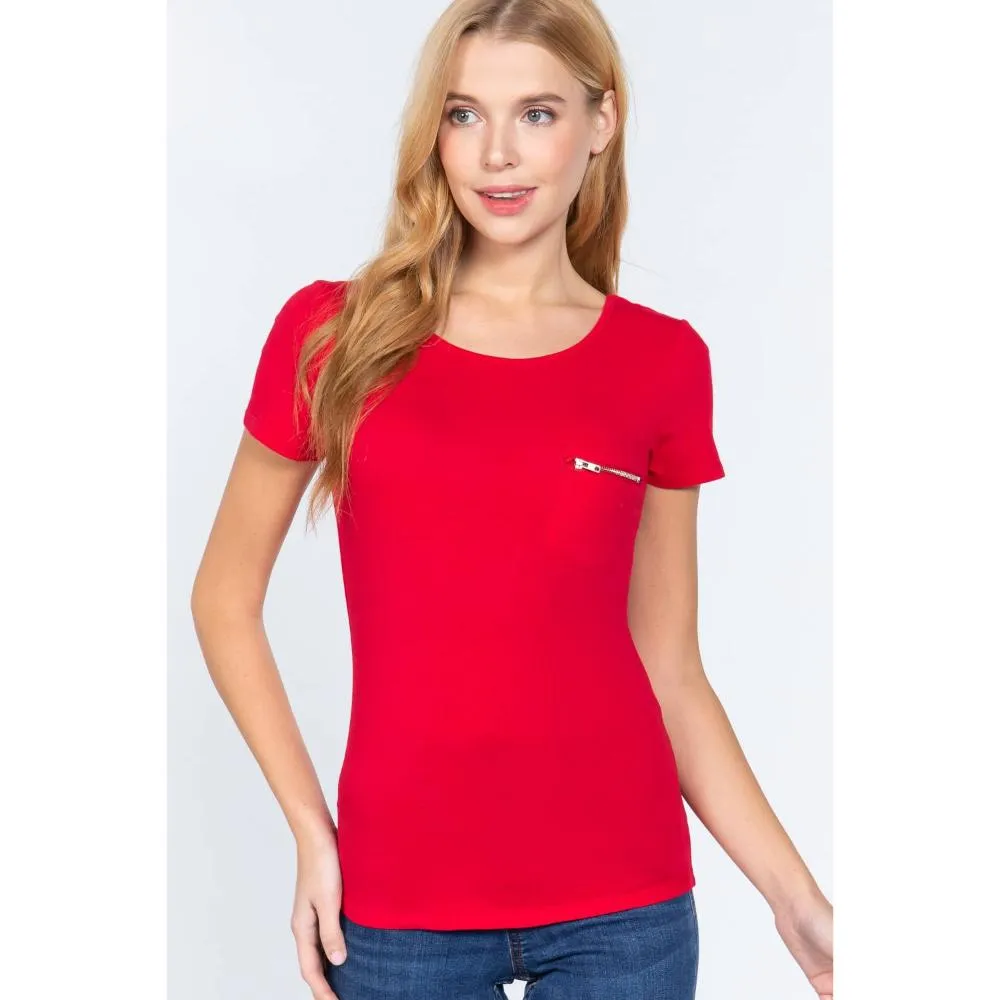 Short Slv Top W/zipper Pocket