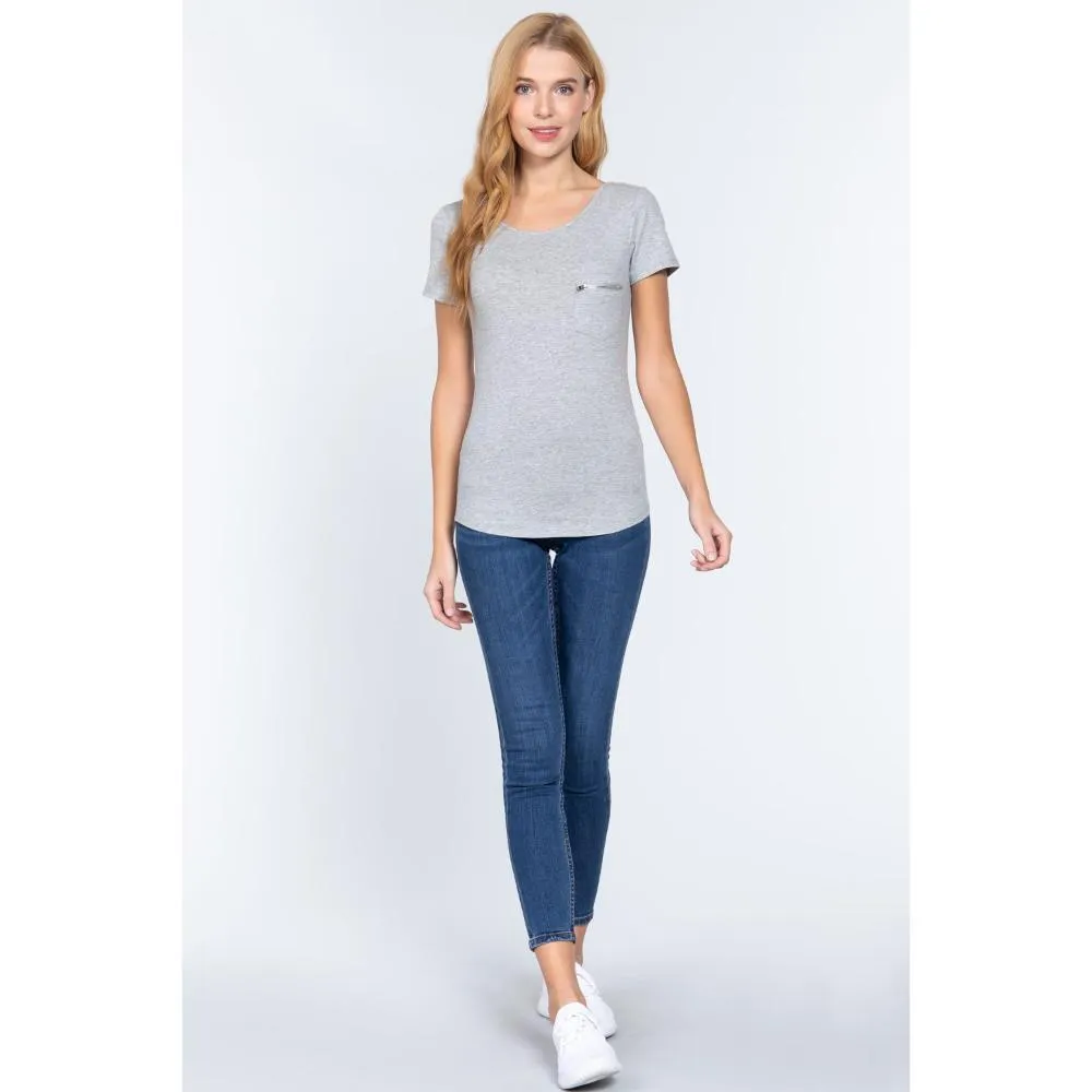 Short Slv Top W/zipper Pocket