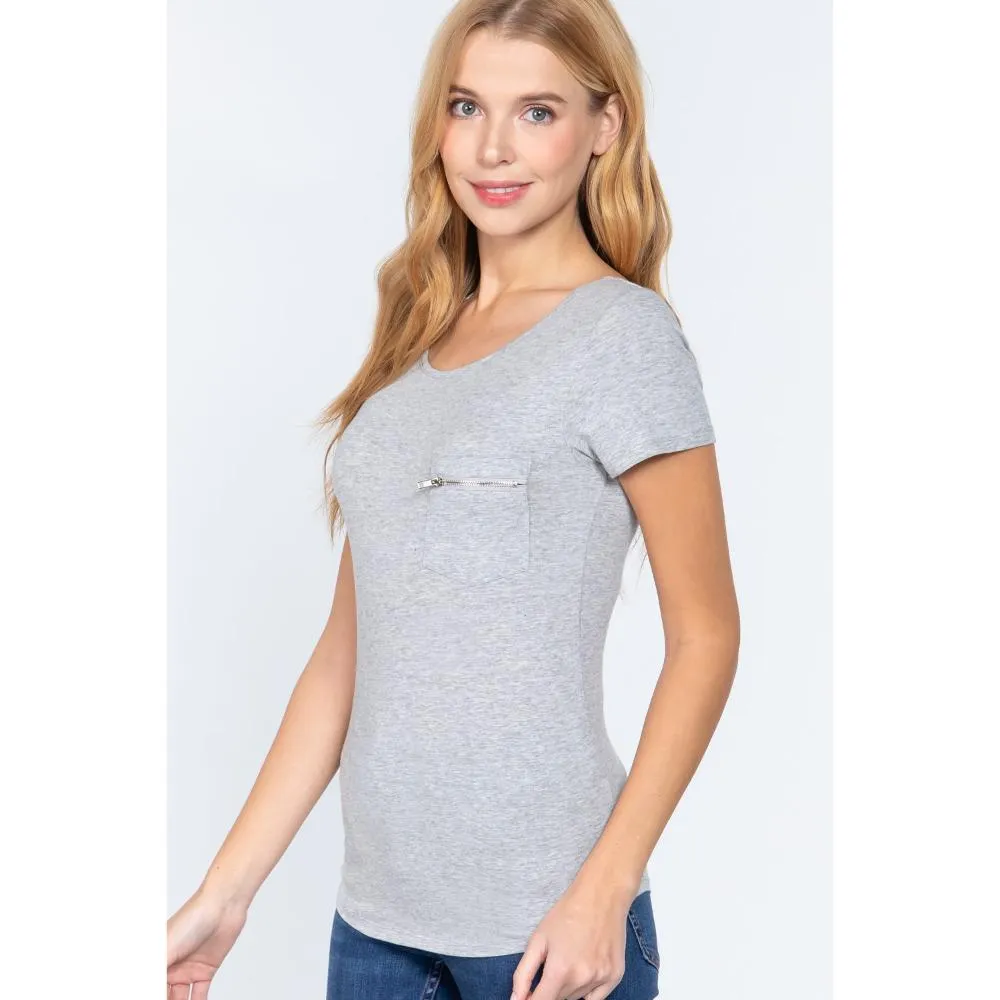 Short Slv Top W/zipper Pocket