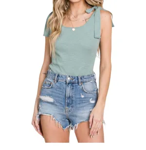 Shoulder Tie Bodycon Bodysuit In Light Jade
