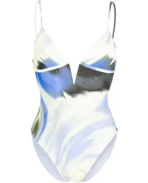 Simkhai Women One Piece Swimsuit Maelle V-Neck Pull On Marina Blue Print