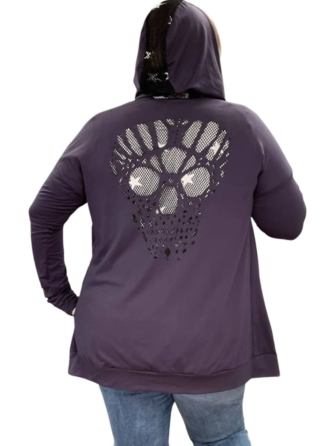 Skull Laser Cut Detail Back Hoodie In Violet