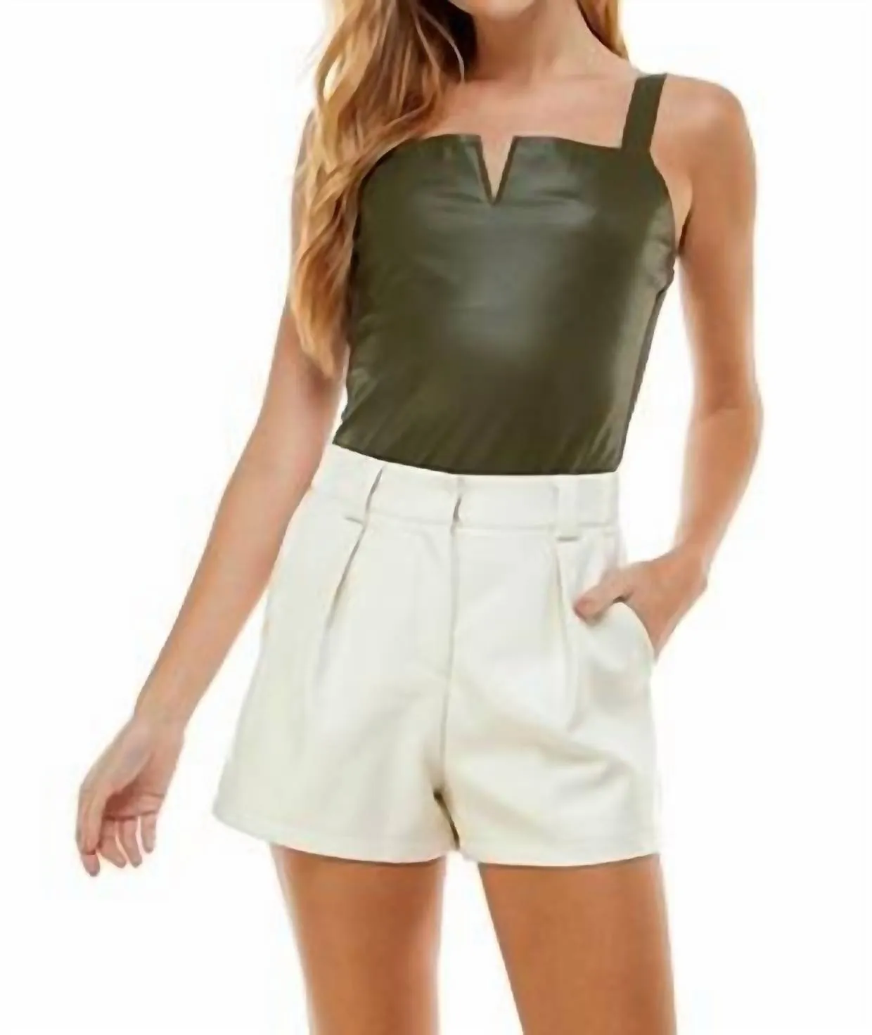 Sleeveless Structure Bodysuit In Green