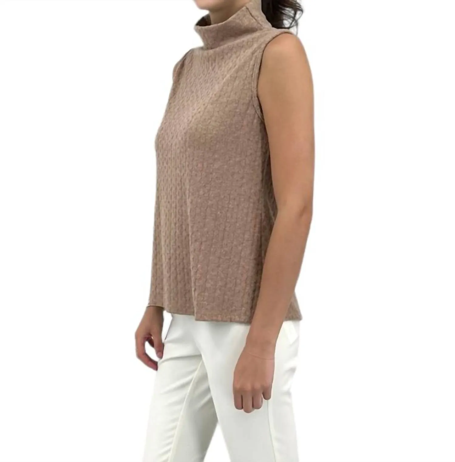 Sleeveless T-Neck Cable Knit Top In Taupe