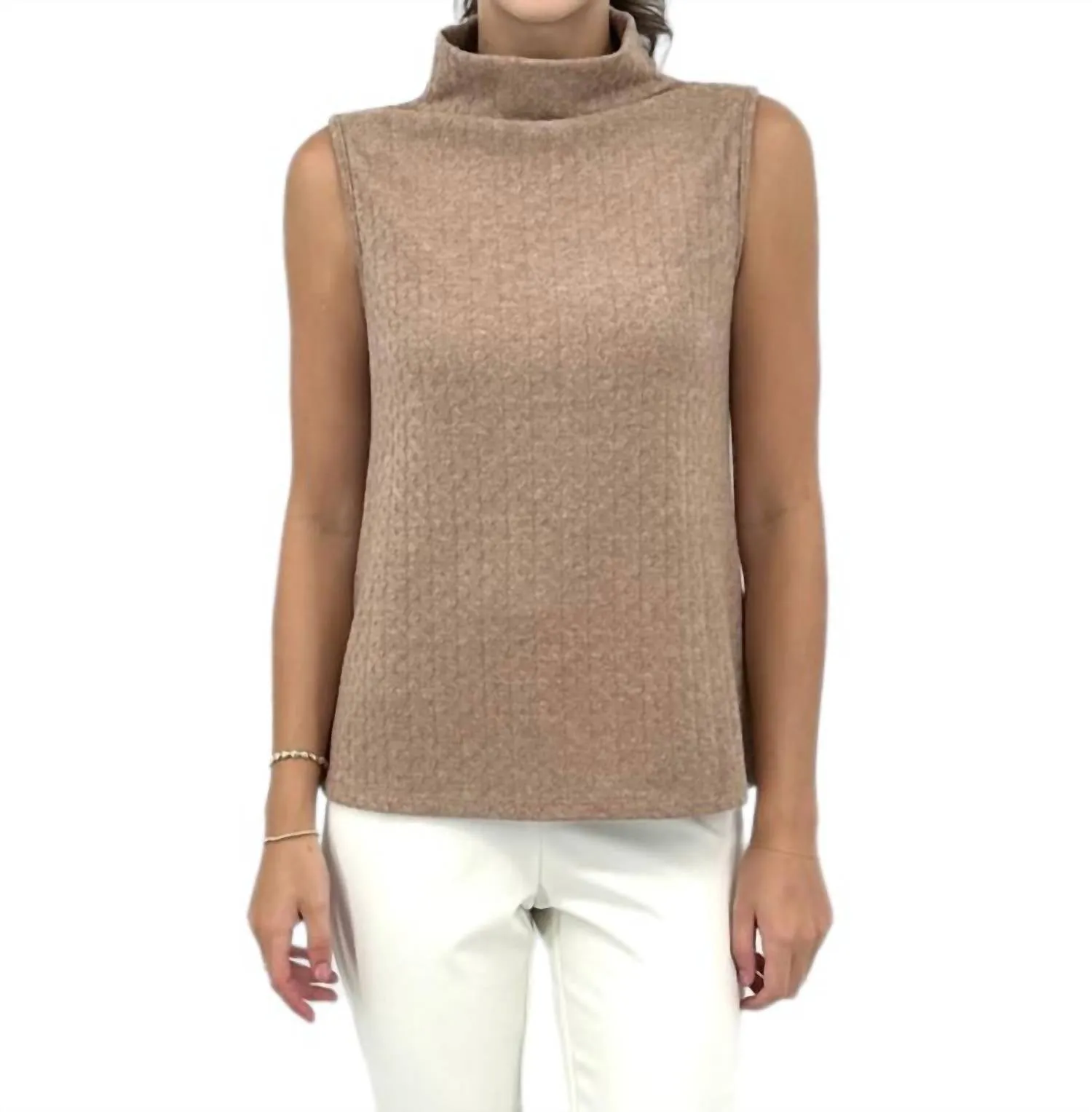Sleeveless T-Neck Cable Knit Top In Taupe