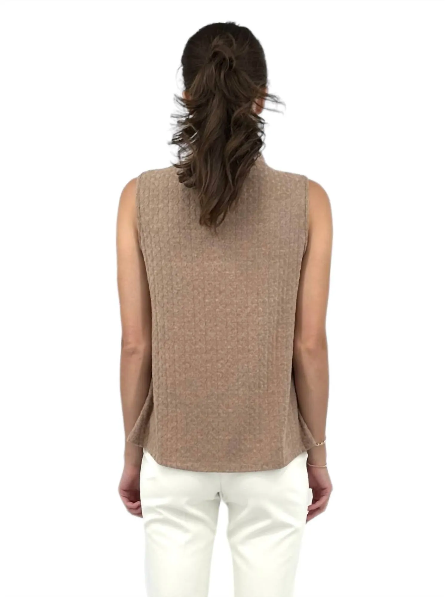 Sleeveless T-Neck Cable Knit Top In Taupe