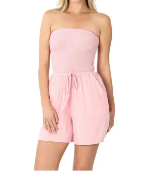 Smocked Shorts Romper In Dusty Pink