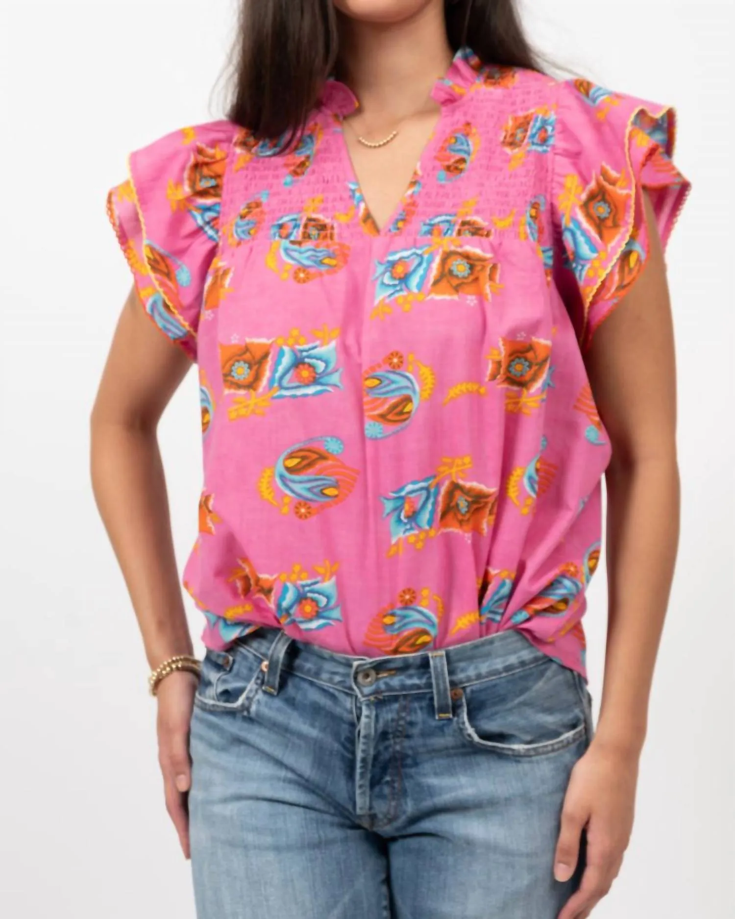 Smocked Yoke Blouse In Pink