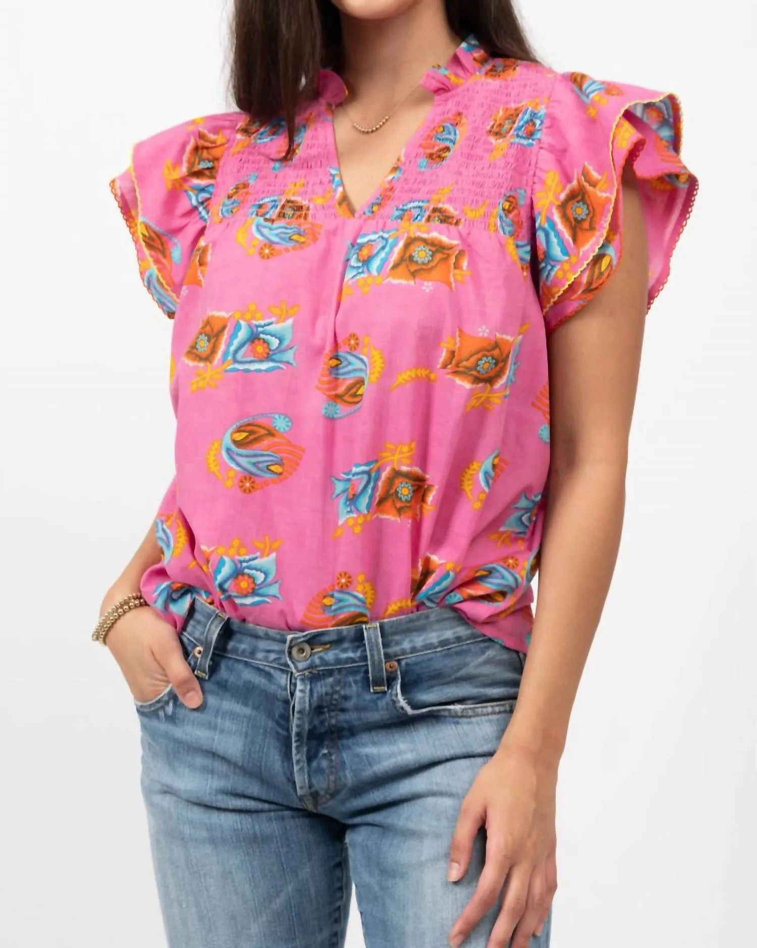 Smocked Yoke Blouse In Pink