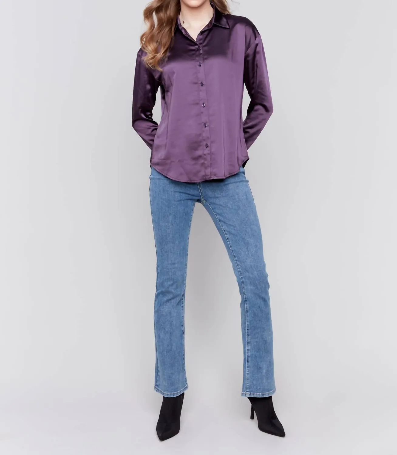 Solid Gutsy Satin Button-Down Shirt In Violet