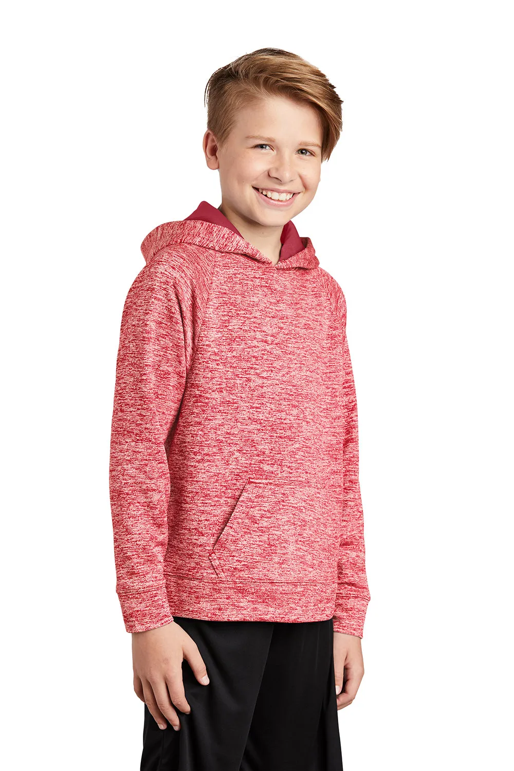 Sport-Tek Youth Electric Heather Moisture Wicking Fleece Hooded Sweatshirt Hoodie w/ Pouch Pocket - Deep Red Electric - Closeout