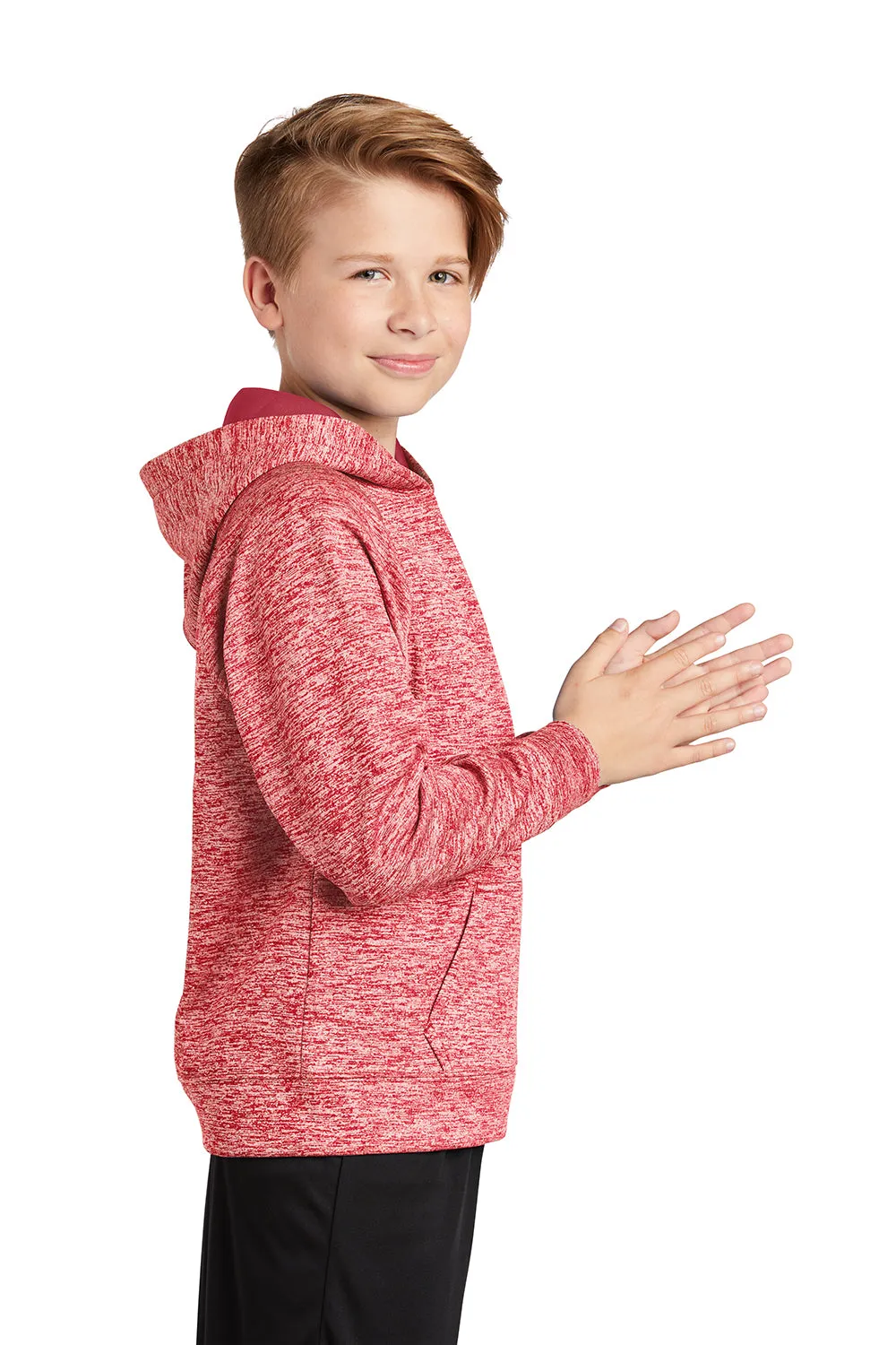 Sport-Tek Youth Electric Heather Moisture Wicking Fleece Hooded Sweatshirt Hoodie w/ Pouch Pocket - Deep Red Electric - Closeout