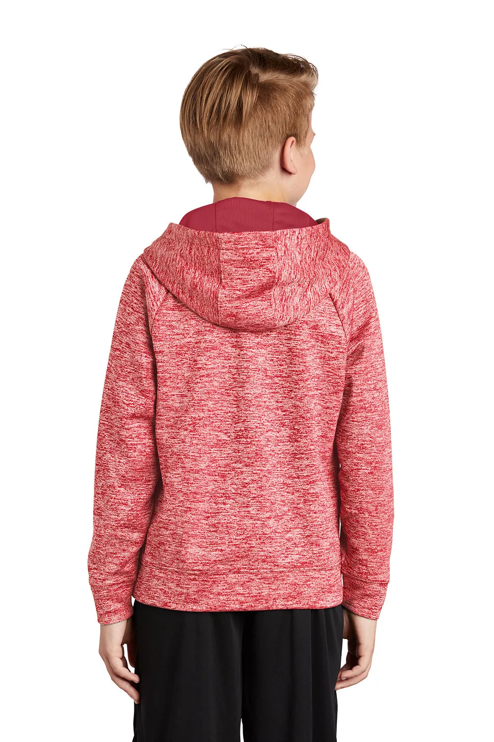 Sport-Tek Youth Electric Heather Moisture Wicking Fleece Hooded Sweatshirt Hoodie w/ Pouch Pocket - Deep Red Electric - Closeout