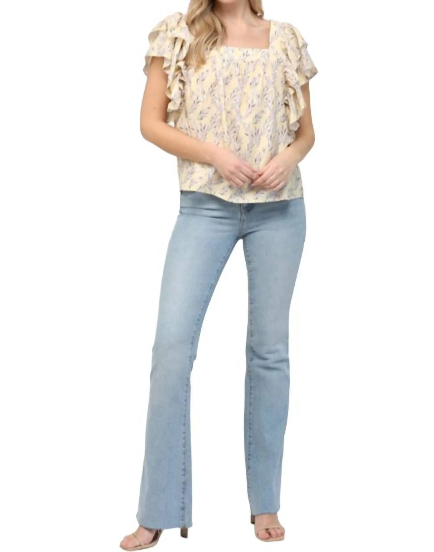 Square Neck Ruffle Sleeve Top In Yellow
