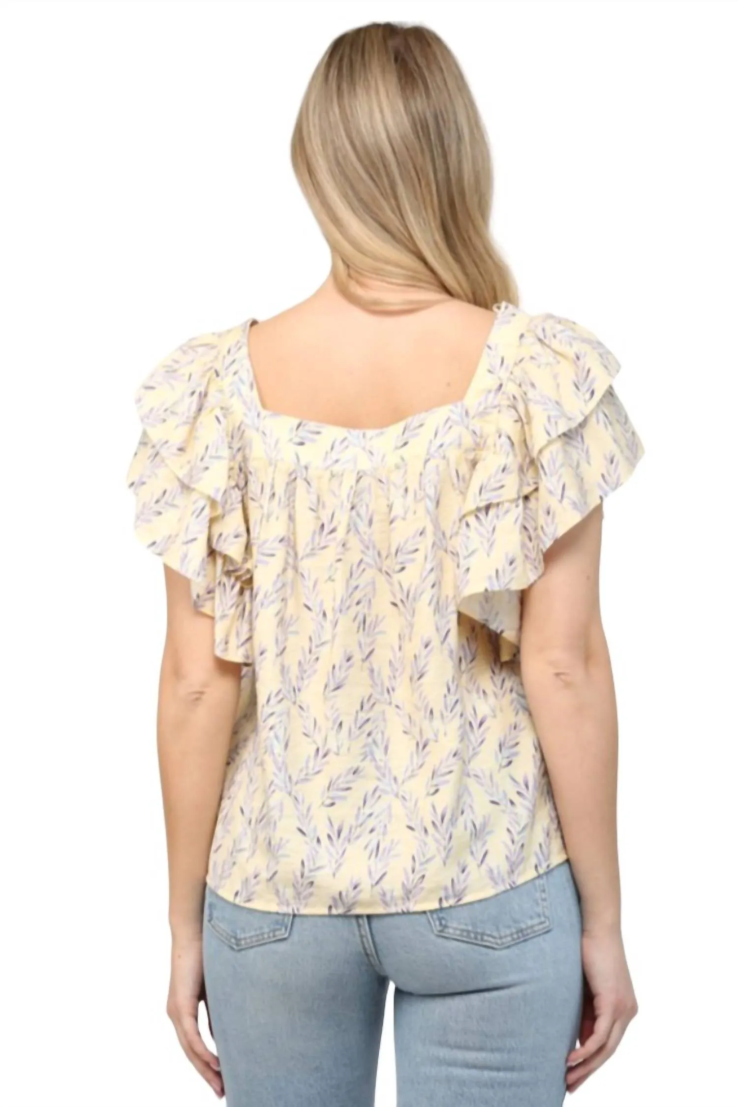 Square Neck Ruffle Sleeve Top In Yellow
