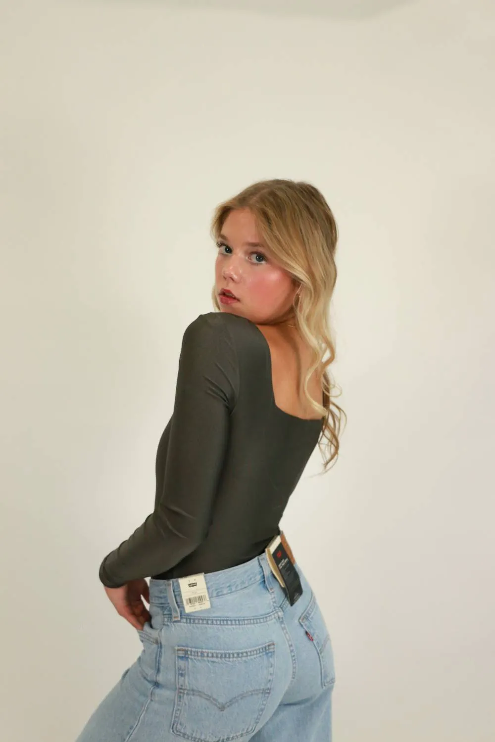 Stacy Square Neck Bodysuit In Grey