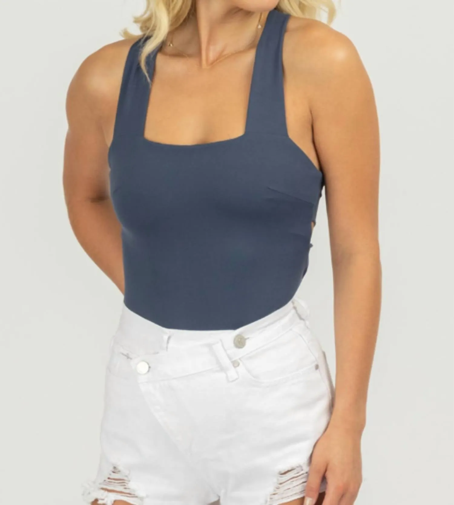 Strappy Squareneck Bodysuit In Dark Blue