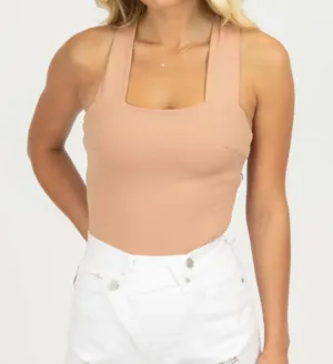 Strappy Squareneck Bodysuit In Dusty Peach