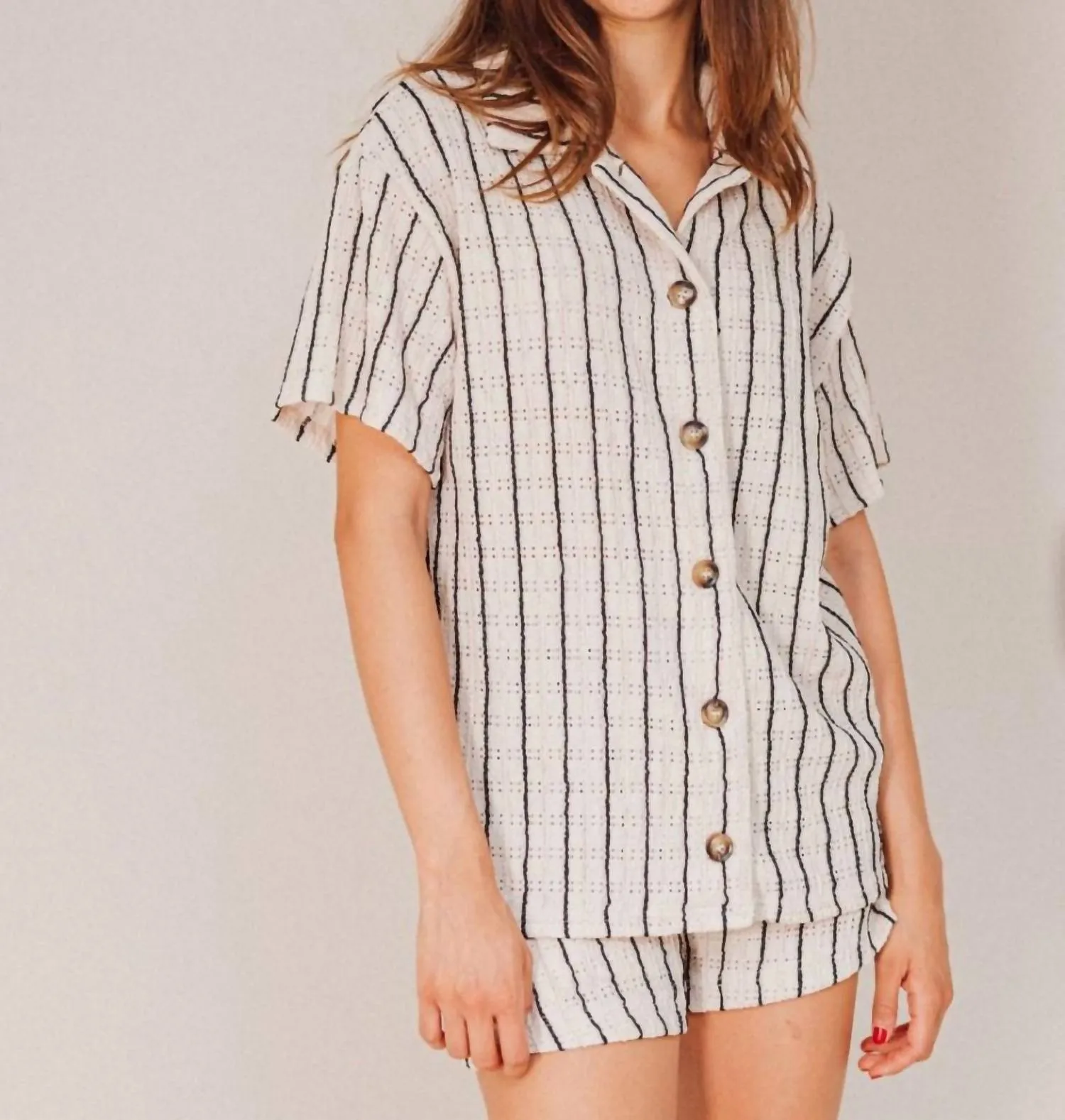 Striped Button Collar Top In Tan/black