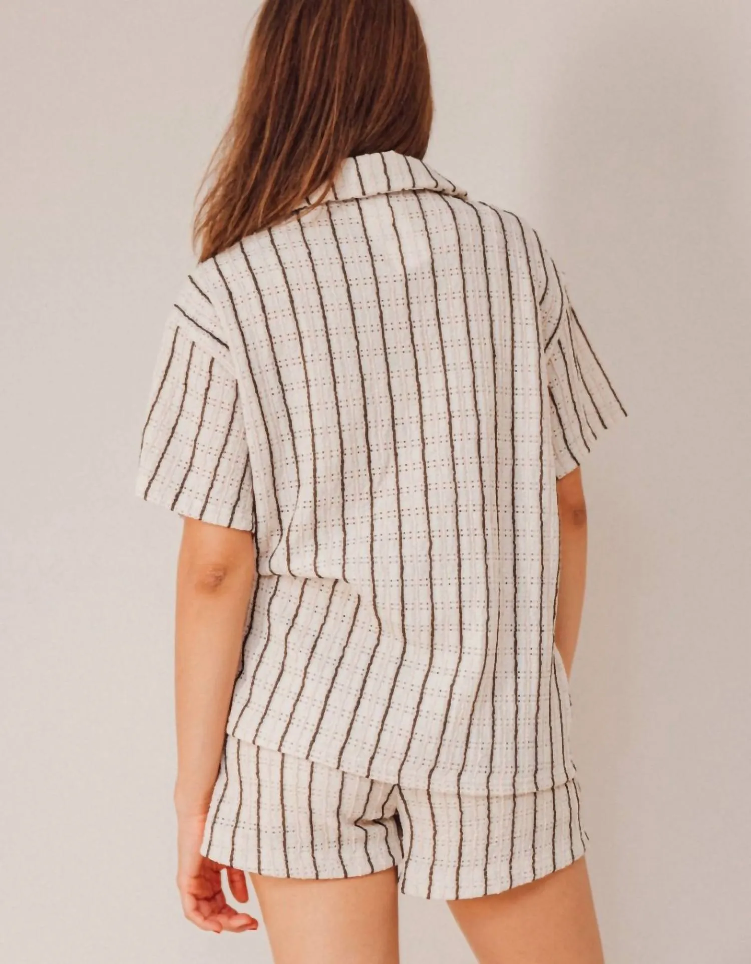 Striped Button Collar Top In Tan/black