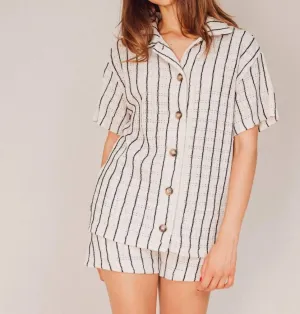 Striped Button Collar Top In Tan/black