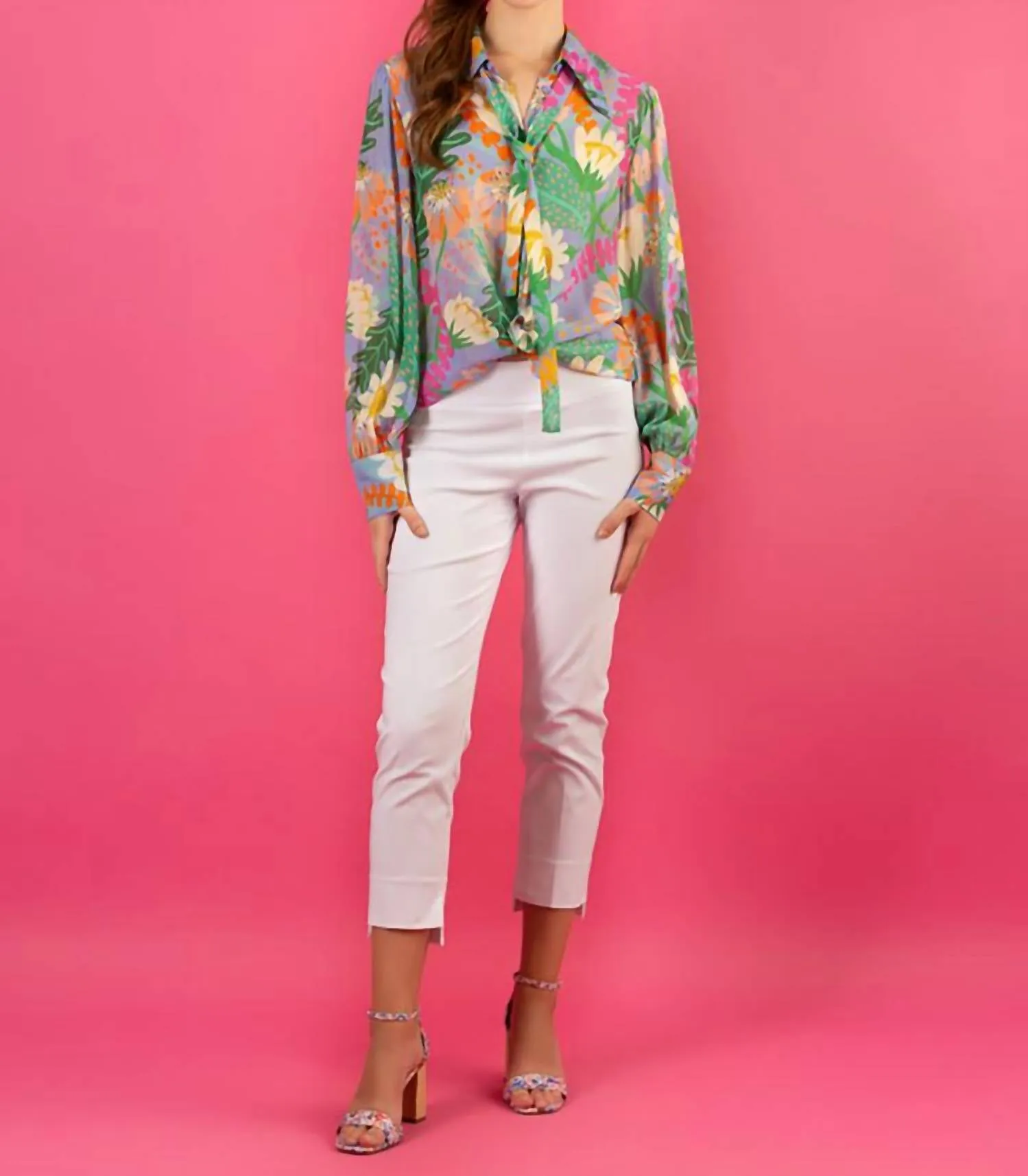 Summer Floral Print Silk Shirt Blouse W/ Long Sleeves And Optional Neck Tie In Purple Floral