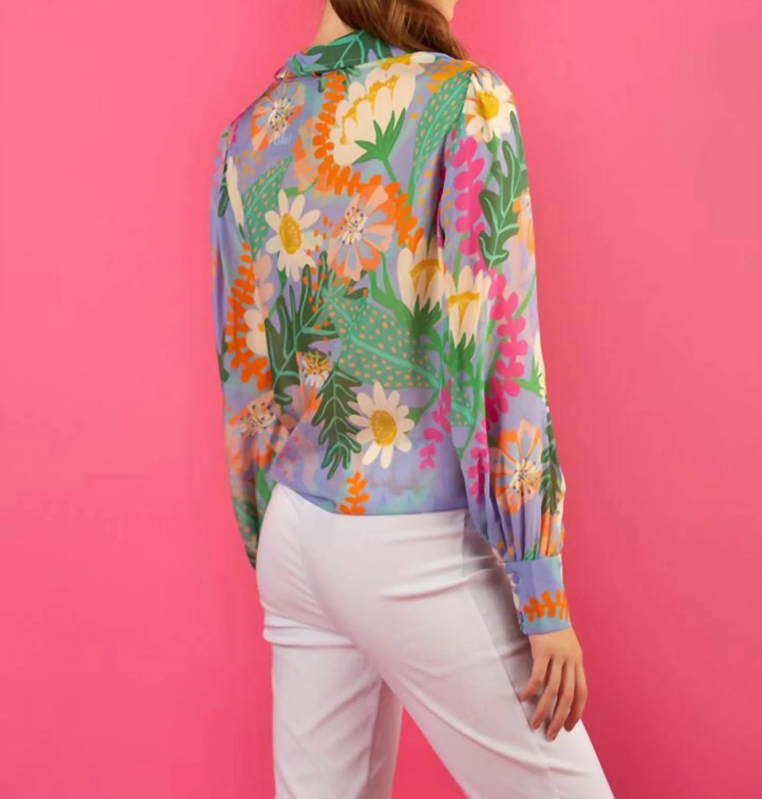 Summer Floral Print Silk Shirt Blouse W/ Long Sleeves And Optional Neck Tie In Purple Floral