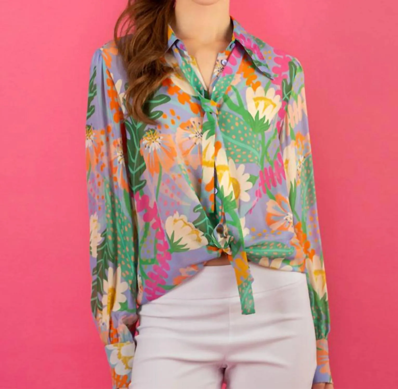 Summer Floral Print Silk Shirt Blouse W/ Long Sleeves And Optional Neck Tie In Purple Floral