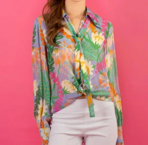 Summer Floral Print Silk Shirt Blouse W/ Long Sleeves And Optional Neck Tie In Purple Floral