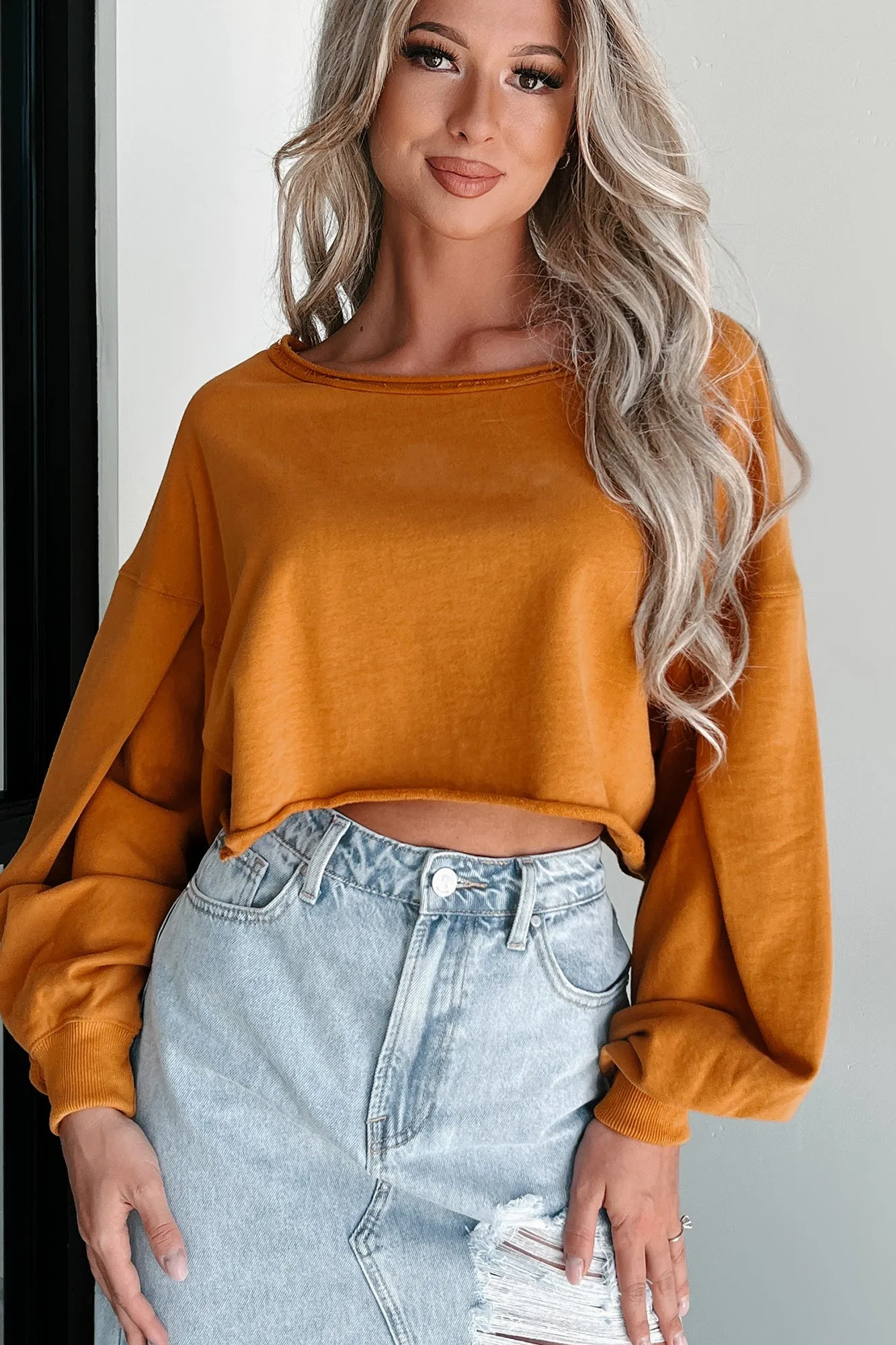 Swapping Stories Oversized Crop Pullover (Mustard)