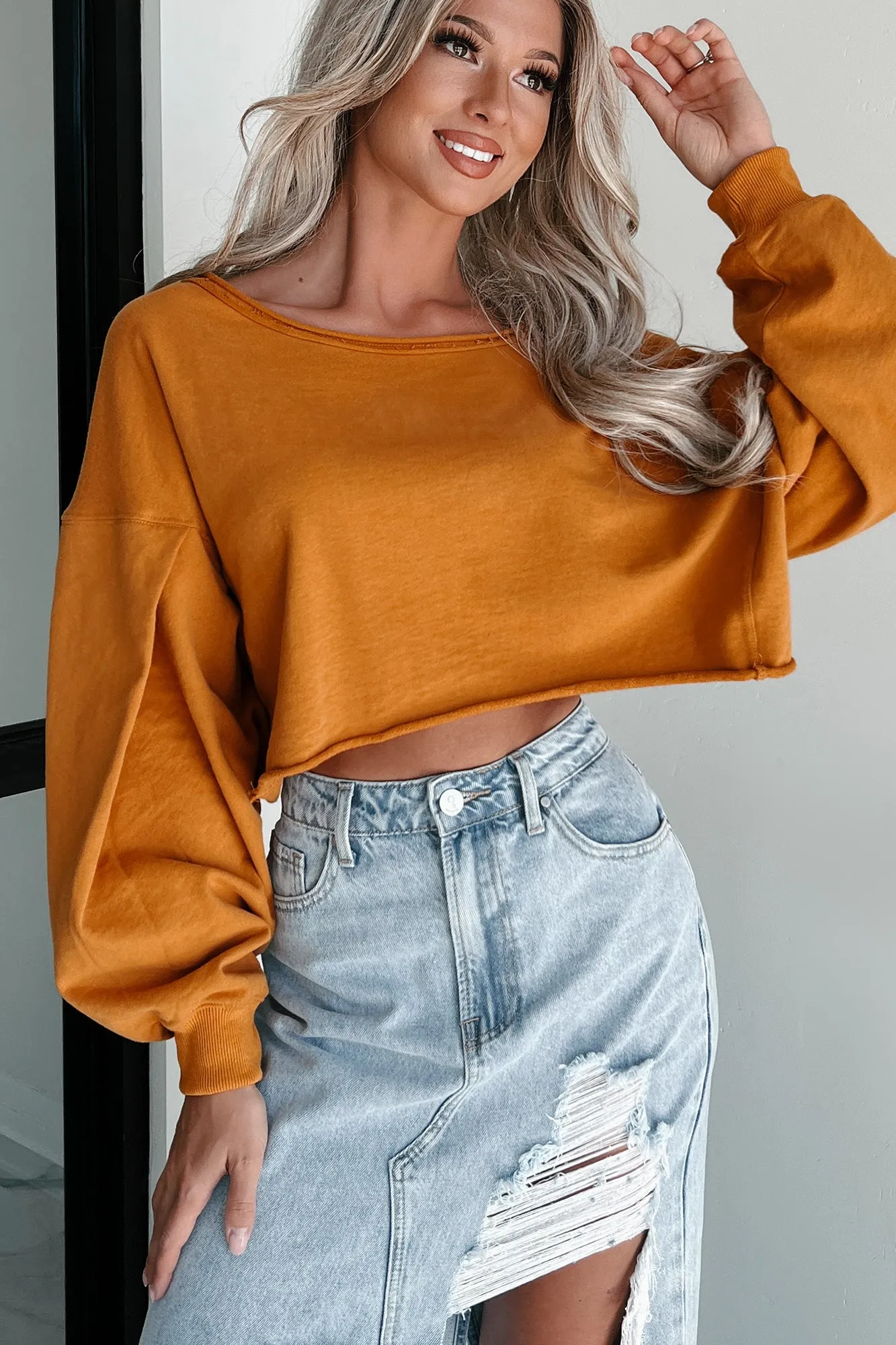 Swapping Stories Oversized Crop Pullover (Mustard)