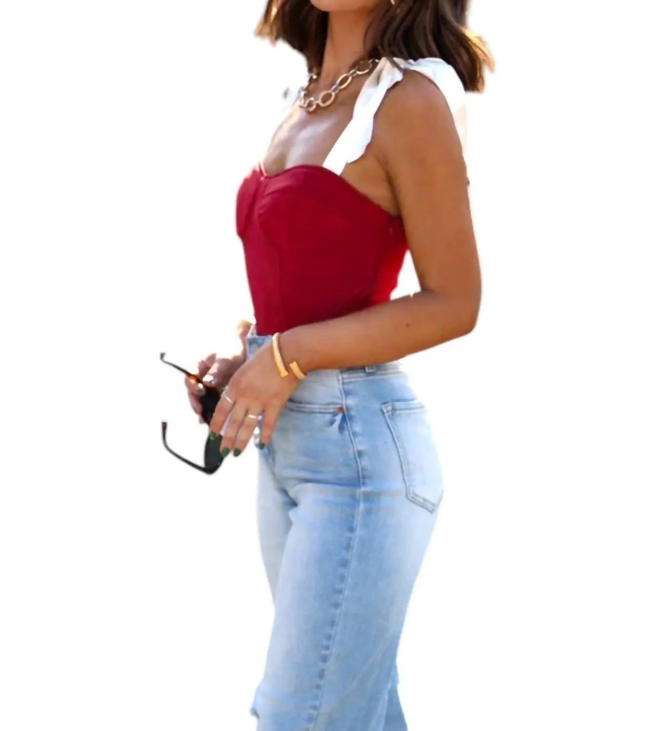 Sweet Talk Ribbon Tie Strap Bodysuit In Crimson