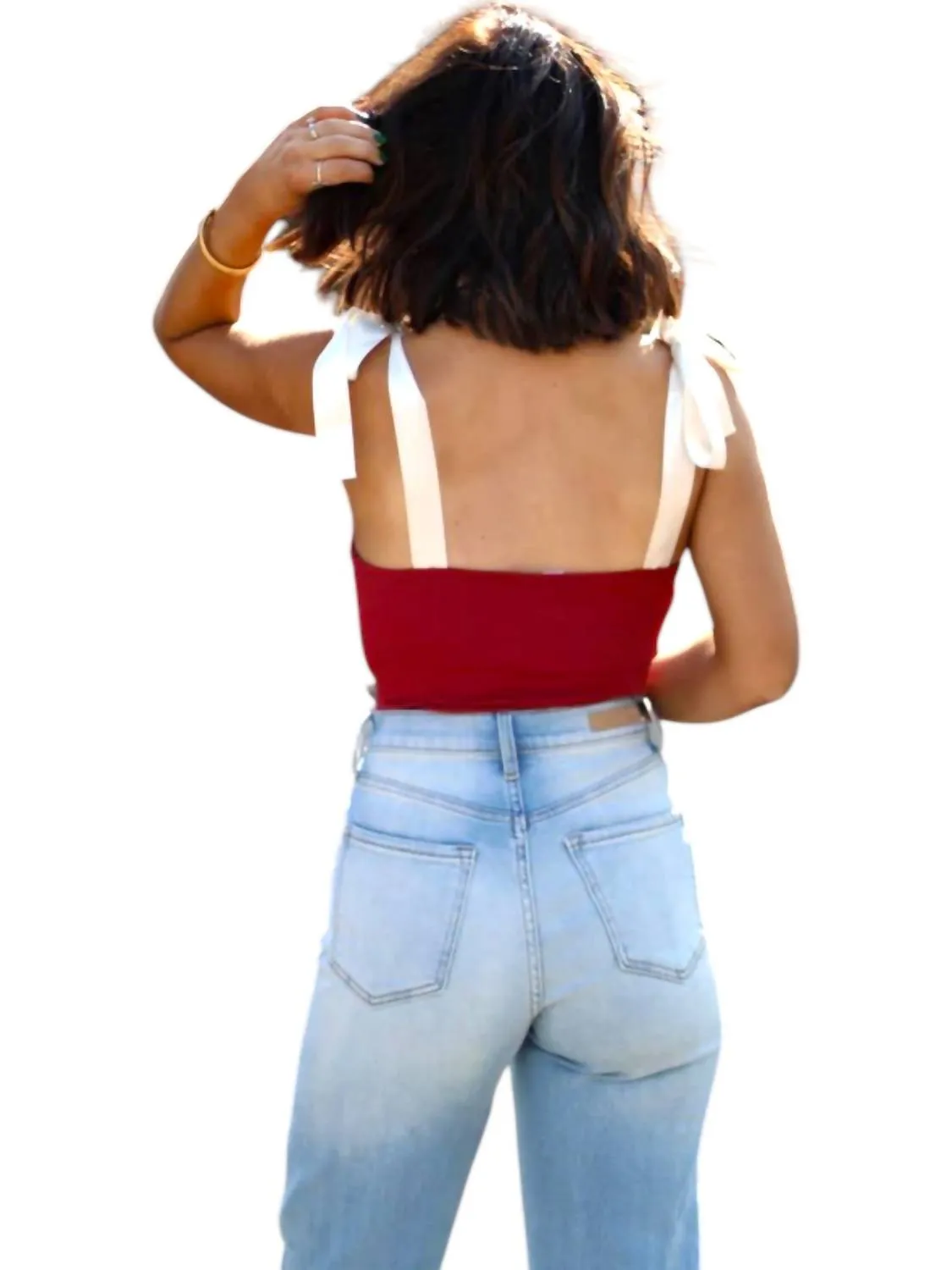Sweet Talk Ribbon Tie Strap Bodysuit In Crimson